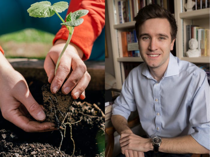 Hands planting a stem in soil (left) Dr. Monty Lyman (right)