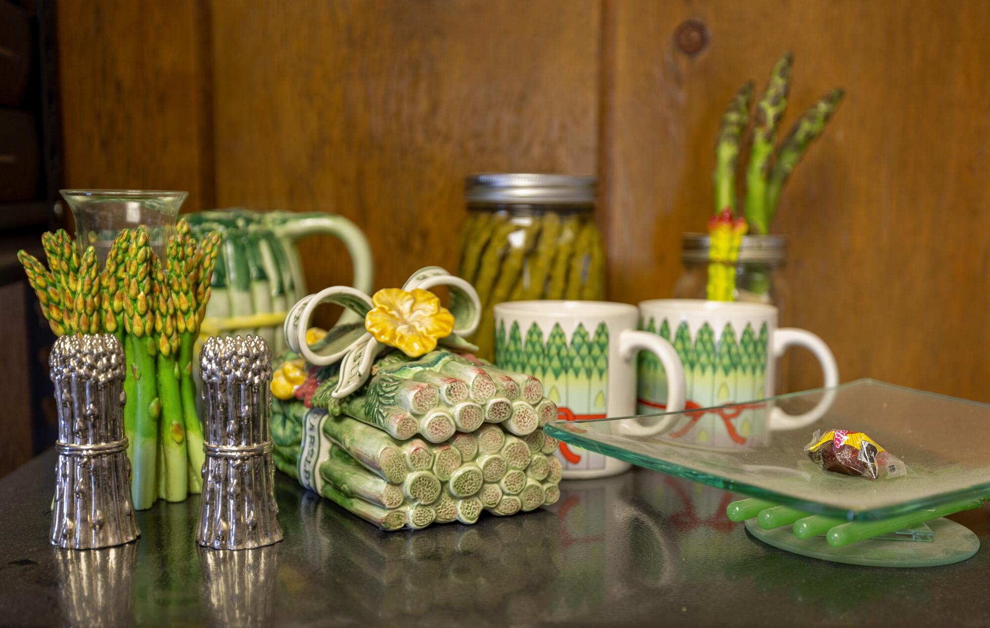 Asparagus-themed items adorn an office refrigerator at the Turlock Fruit Co.