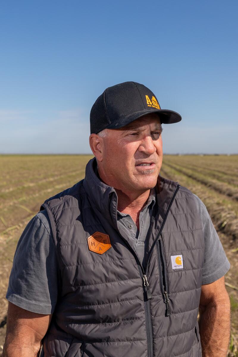 A man in a baseball cap and a short-sleeved top stands in a farm field.