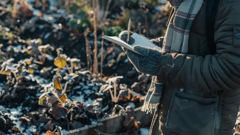 A person in a winter coat and gloves holds a notebook and pencil in a frost-covered garden, planning garden activities.