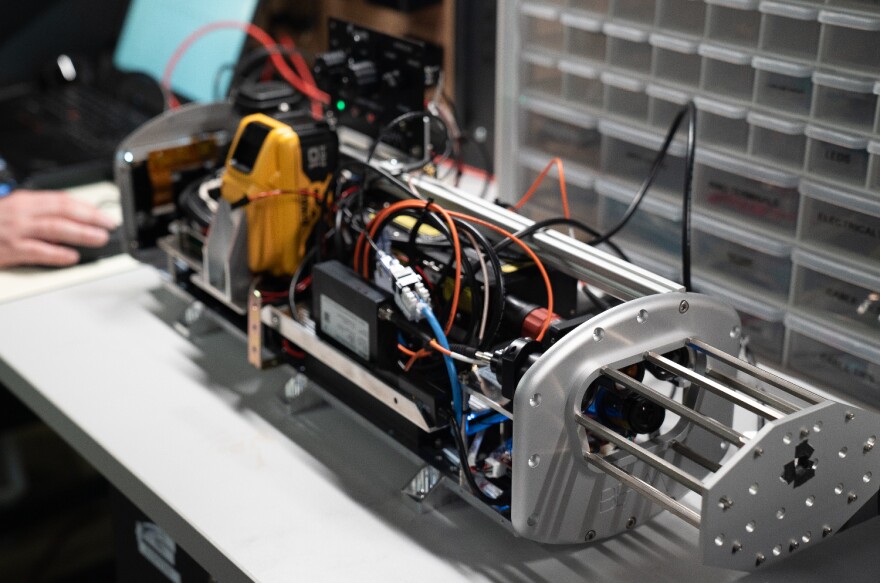 The second prototype of Impossible Sensing’s soil sensor in St. Louis. The machine uses a powerful laser to detect the elements and molecules in soil in real-time.