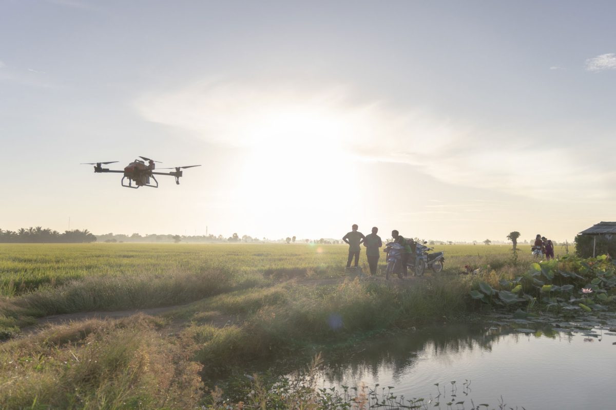 A pilot brings a drone in for landing in Vietnam’s Kiến Giang province as another pilot and a farmer look on. 